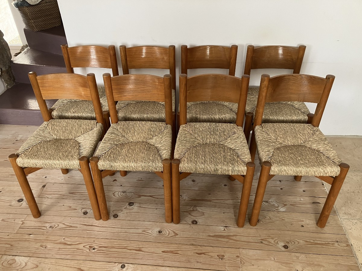 série de 8 chaises Charlotte Perriand modèle Meribel en frêne édition Steph Simon 1960