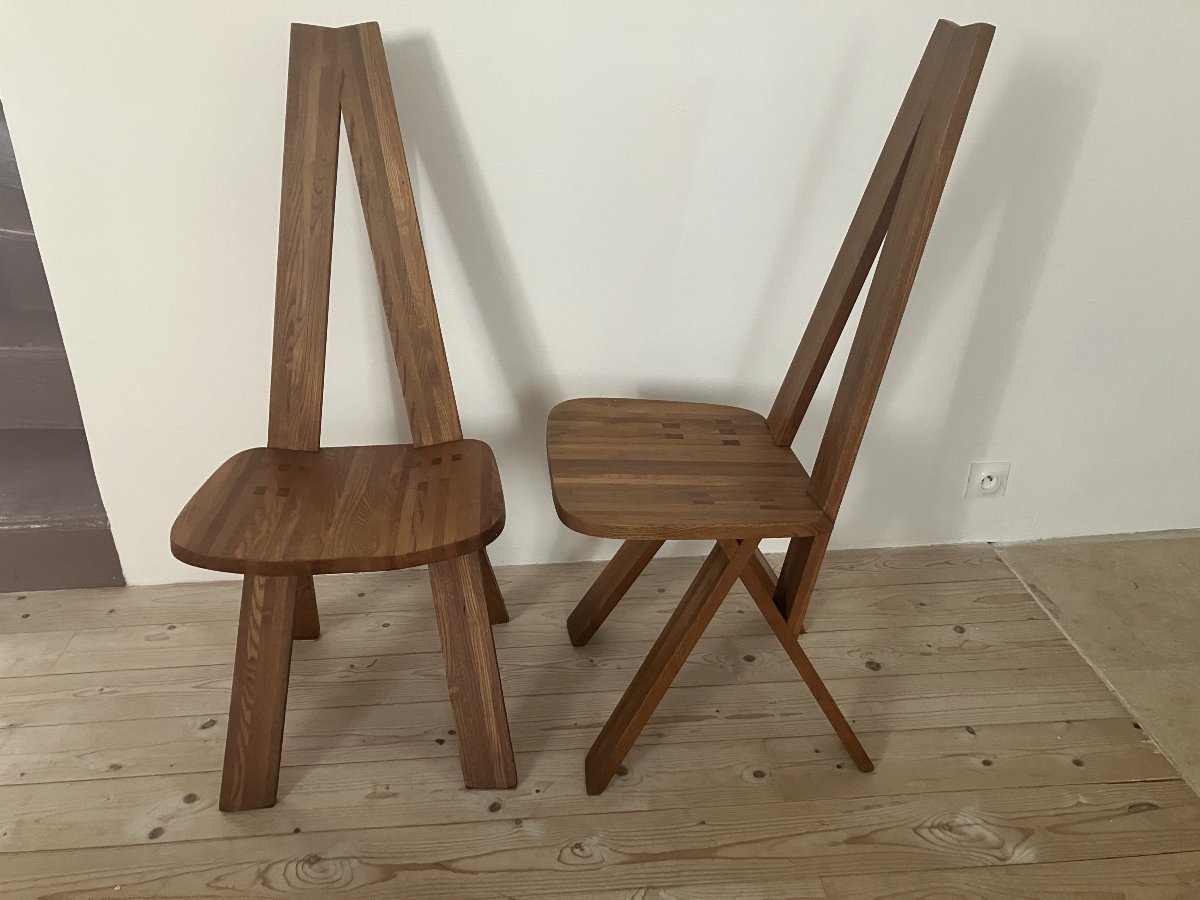 Paire de chaises modèle S.45 par Pierre Chapo des années 1970 en orme massif-photo-3