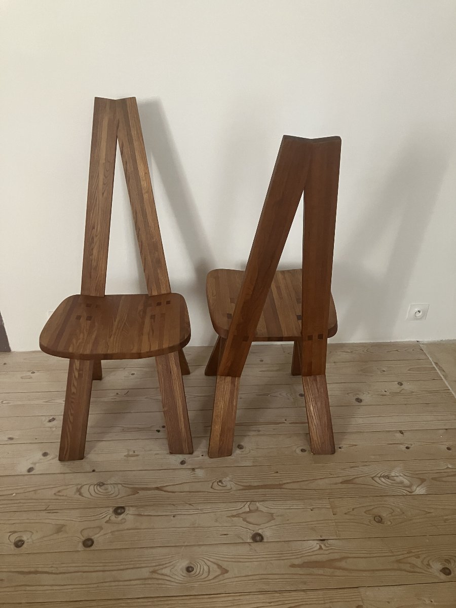 Paire de chaises modèle S.45 par Pierre Chapo des années 1970 en orme massif-photo-4