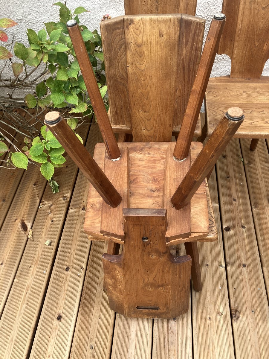 Pierre Chapo Set Of 10 S 28 Chairs From The 1975s, Made Of Solid Elm-photo-3