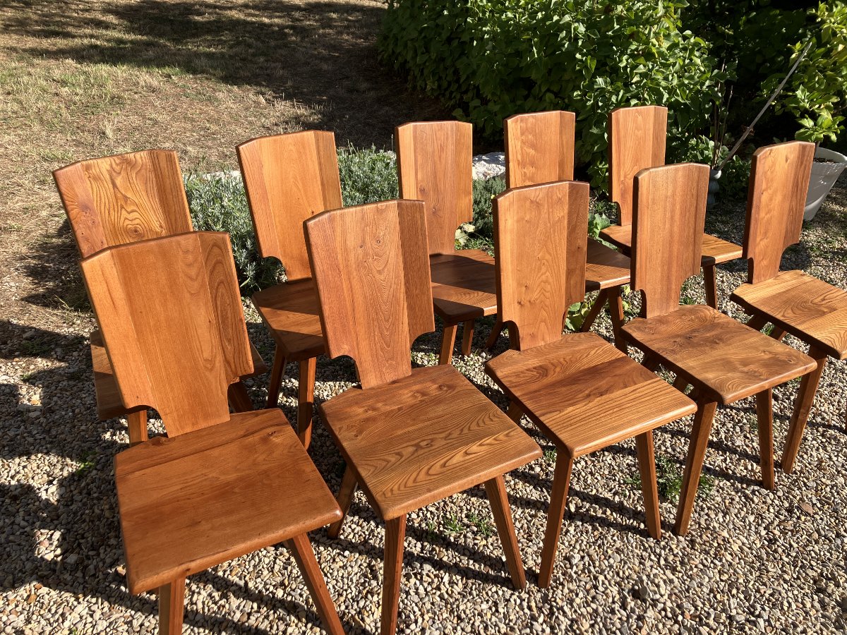 Pierre Chapo Set Of 10 S 28 Chairs From The 1975s, Made Of Solid Elm-photo-4