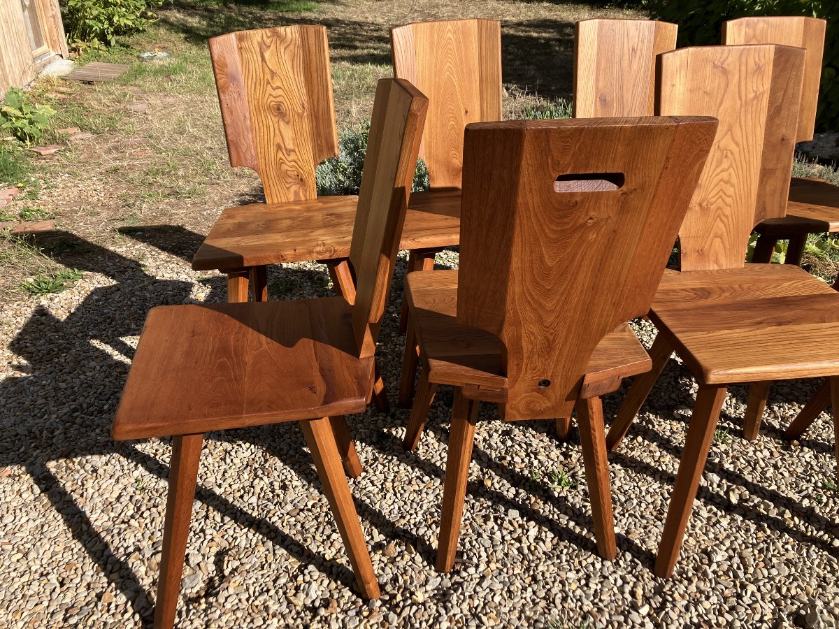 Pierre Chapo Set Of 10 S 28 Chairs From The 1975s, Made Of Solid Elm-photo-2