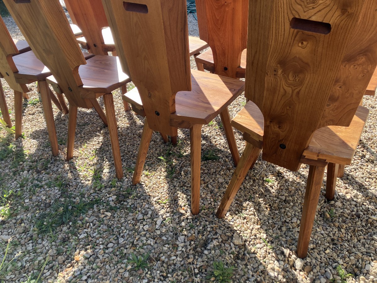 Pierre Chapo Set Of 10 S 28 Chairs From The 1975s, Made Of Solid Elm-photo-7