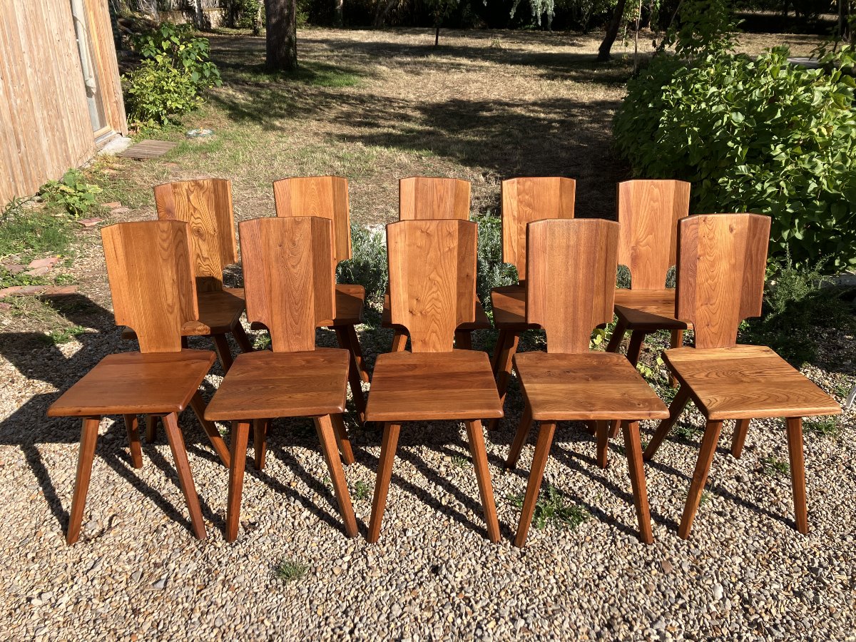 Pierre Chapo Set Of 10 S 28 Chairs From The 1975s, Made Of Solid Elm