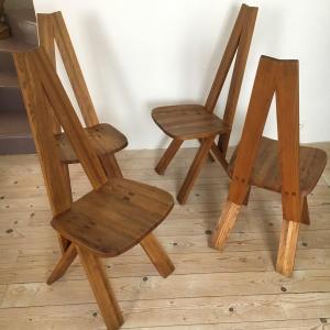 4 Chaises De Pierre Chapo En Orme Massif Des Années 1970