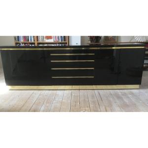 Vintage Black Lacquer Buffet By Jean Claude Mahey, 1970