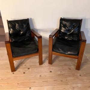 Paire De Fauteuils Des Années 1940-1950 En Acajou Ou Teck.