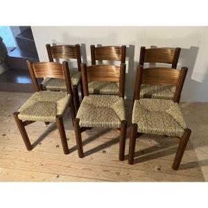 série de 6 chaises Charlotte Perriand modèle Meribel en acajou édition Steph Simon 1960
