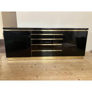Buffet Enfilade De Jean Claude Mahey Des Années 1970 Black Lacquer And Brass Perfect Condition