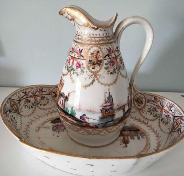 Pitcher And Its 18th Century Verneuilh Bordeaux Porcelain Bowl