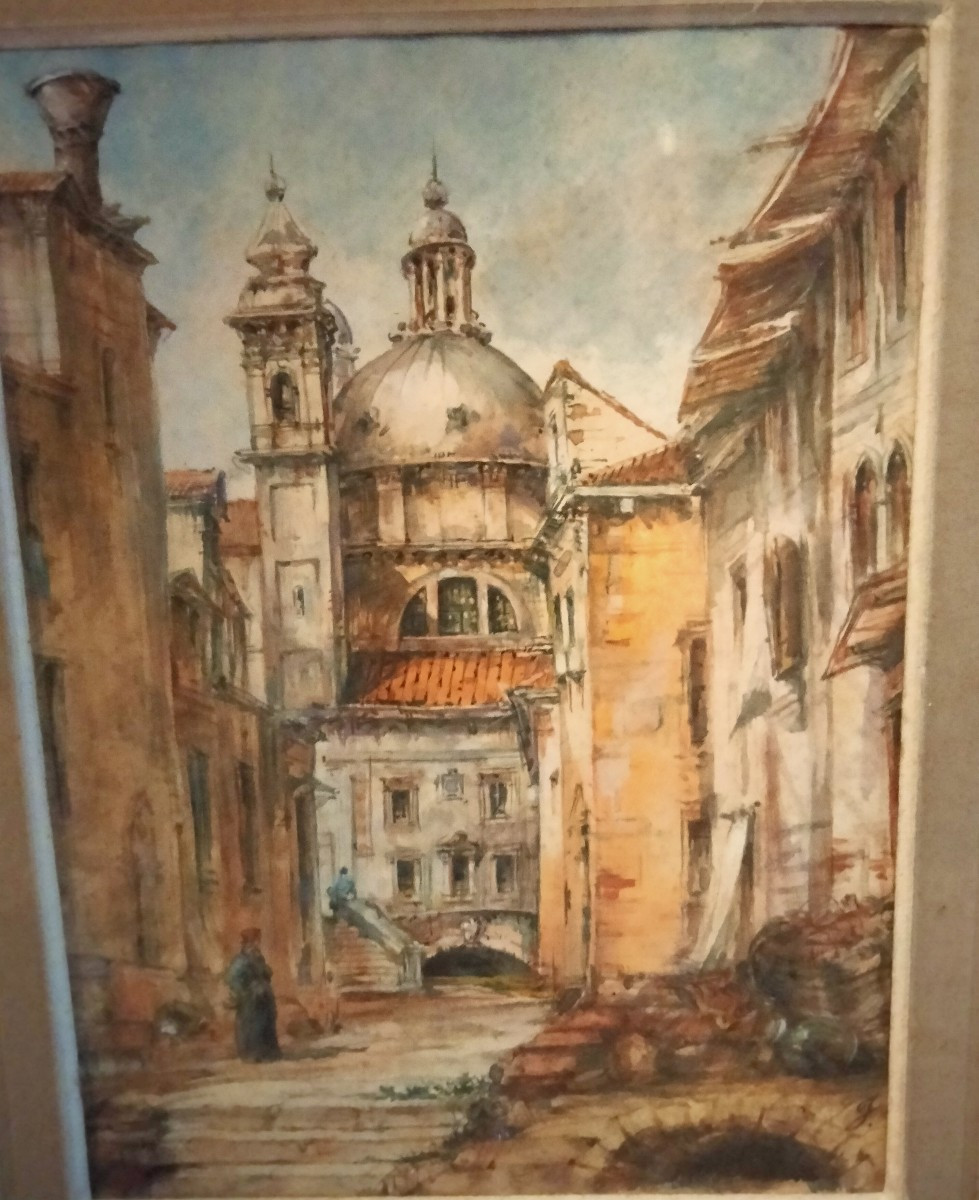 Watercolor Of Venice By Jules Romain Joyant, 19th Century-photo-3