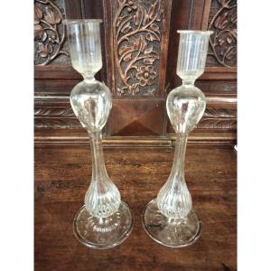 Paire de Bougeoirs Verre XVIIIe