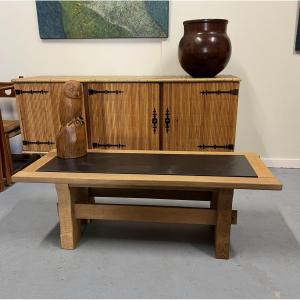 Table basse en chêne,plateau ardoise 