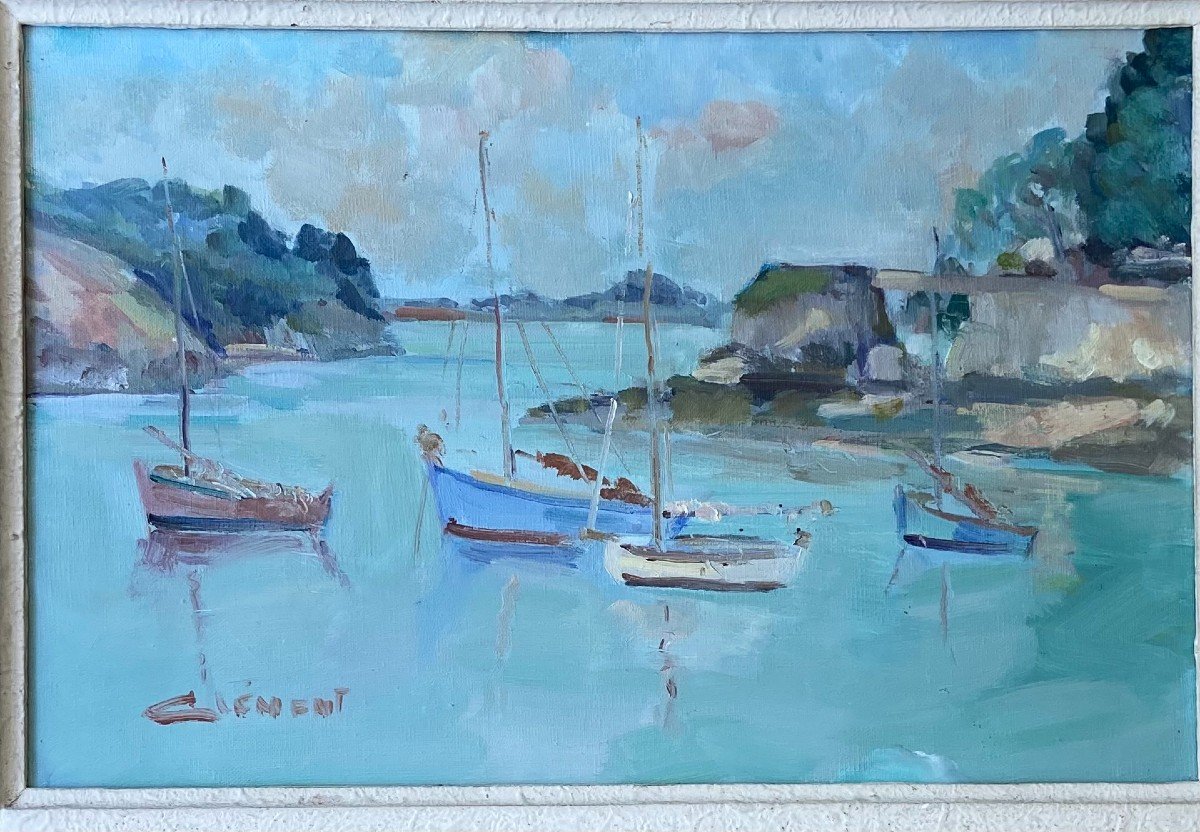 Sailboats In The Small Port Of Conleau In Brittany. Morbihan. Signed Clement-photo-2