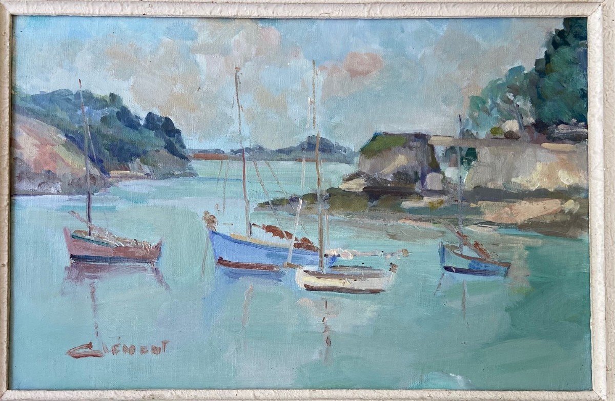 Sailboats In The Small Port Of Conleau In Brittany. Morbihan. Signed Clement-photo-2