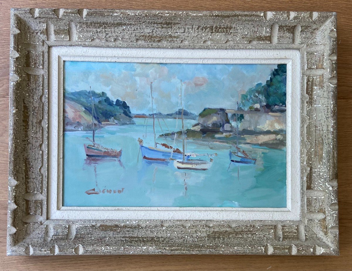 Sailboats In The Small Port Of Conleau In Brittany. Morbihan. Signed Clement