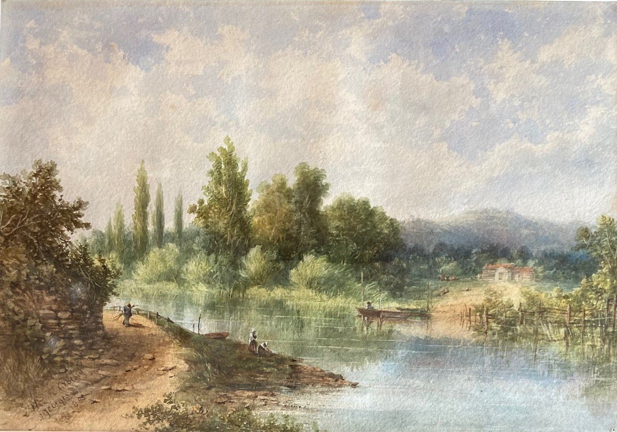 The Banks Of The Seine In Croissy Near Chatou. Watercolor Signed Georges 1889. Animated Scene