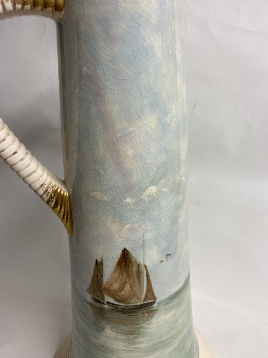 Sarreguemines, Rare Barbotine Decor Pitcher, The Venice Lagoon-photo-3