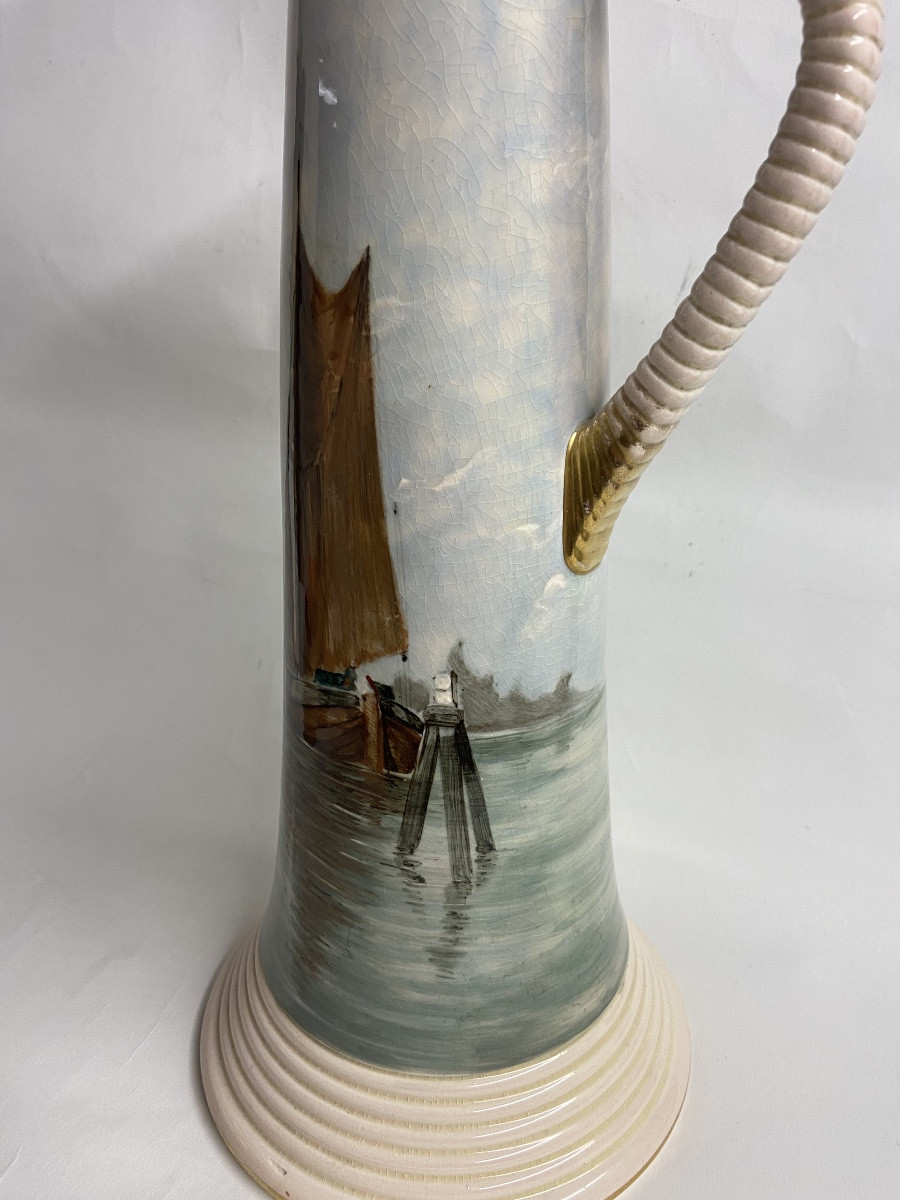 Sarreguemines, Rare Barbotine Decor Pitcher, The Venice Lagoon-photo-1