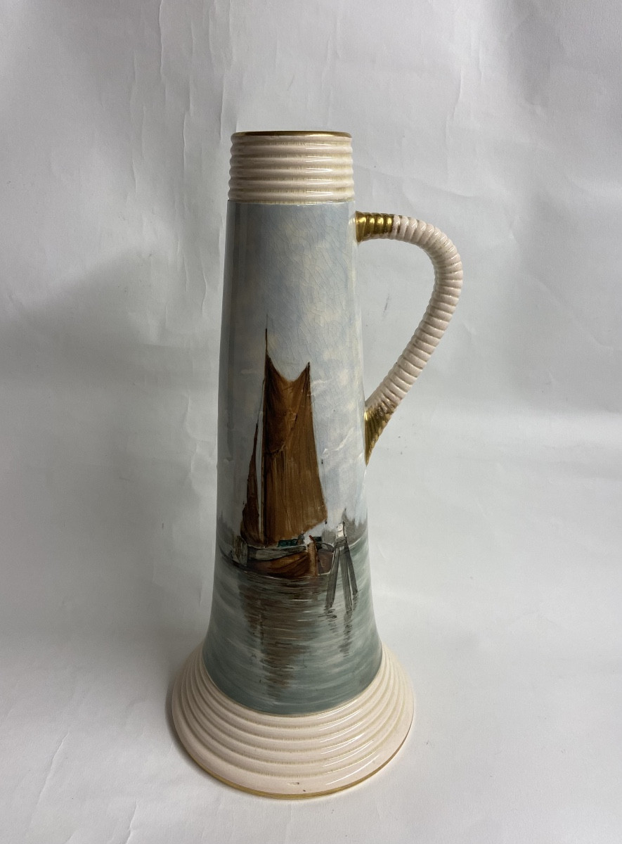 Sarreguemines, Rare Barbotine Decor Pitcher, The Venice Lagoon