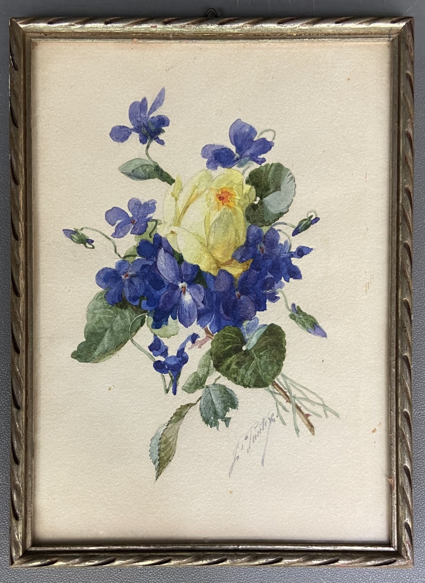 Louis Pautex, bouquet de Violettes à la rose jaune. Aquarelle Miniature