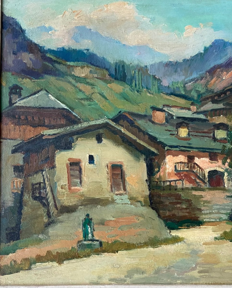Hautecour en Savoie près de Moutiers, huile sur panneau signée Fogel. Montagne-photo-1