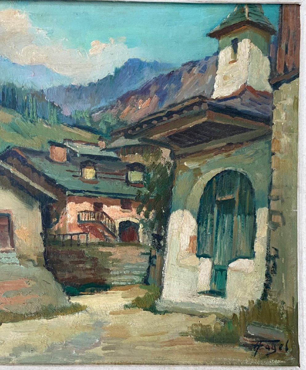 Hautecour en Savoie près de Moutiers, huile sur panneau signée Fogel. Montagne-photo-2