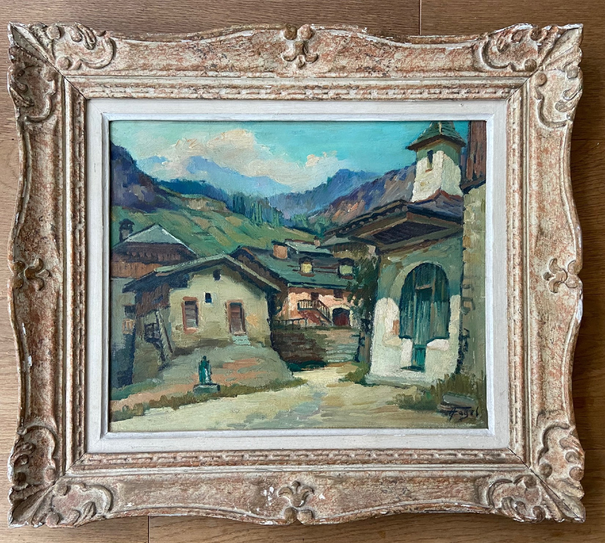 Hautecour en Savoie près de Moutiers, huile sur panneau signée Fogel. Montagne