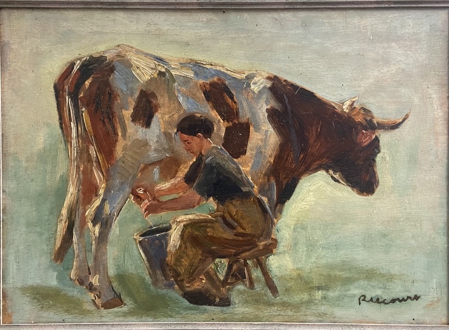 Raimond Lecourt, la traite, le veau au champ. Tableau double faces, Normandie-photo-1