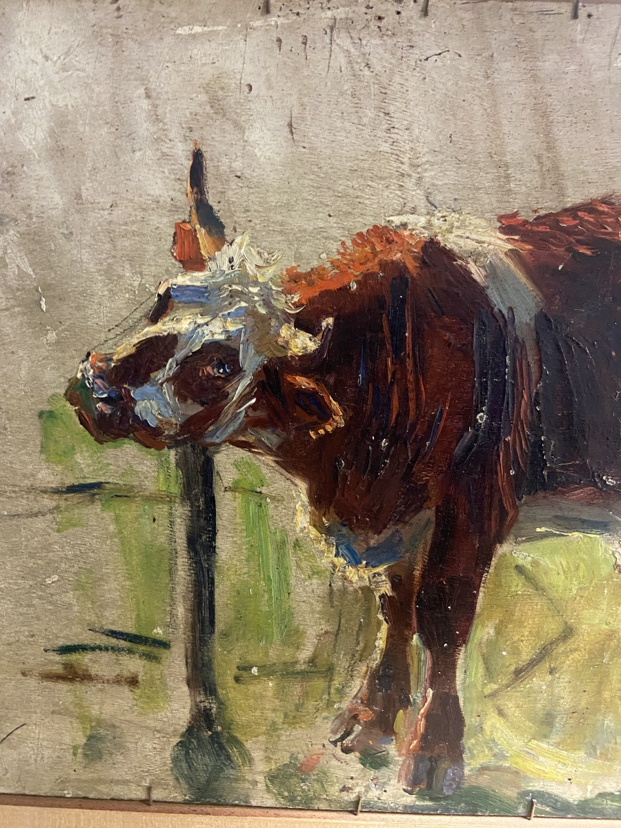 Raimond Lecourt, la traite, le veau au champ. Tableau double faces, Normandie-photo-5