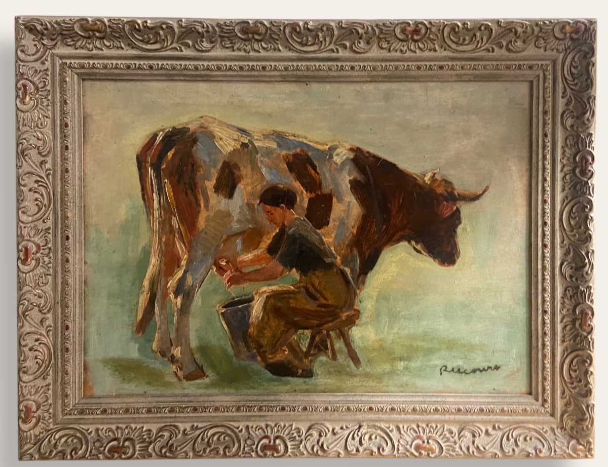 Raimond Lecourt, la traite, le veau au champ. Tableau double faces, Normandie