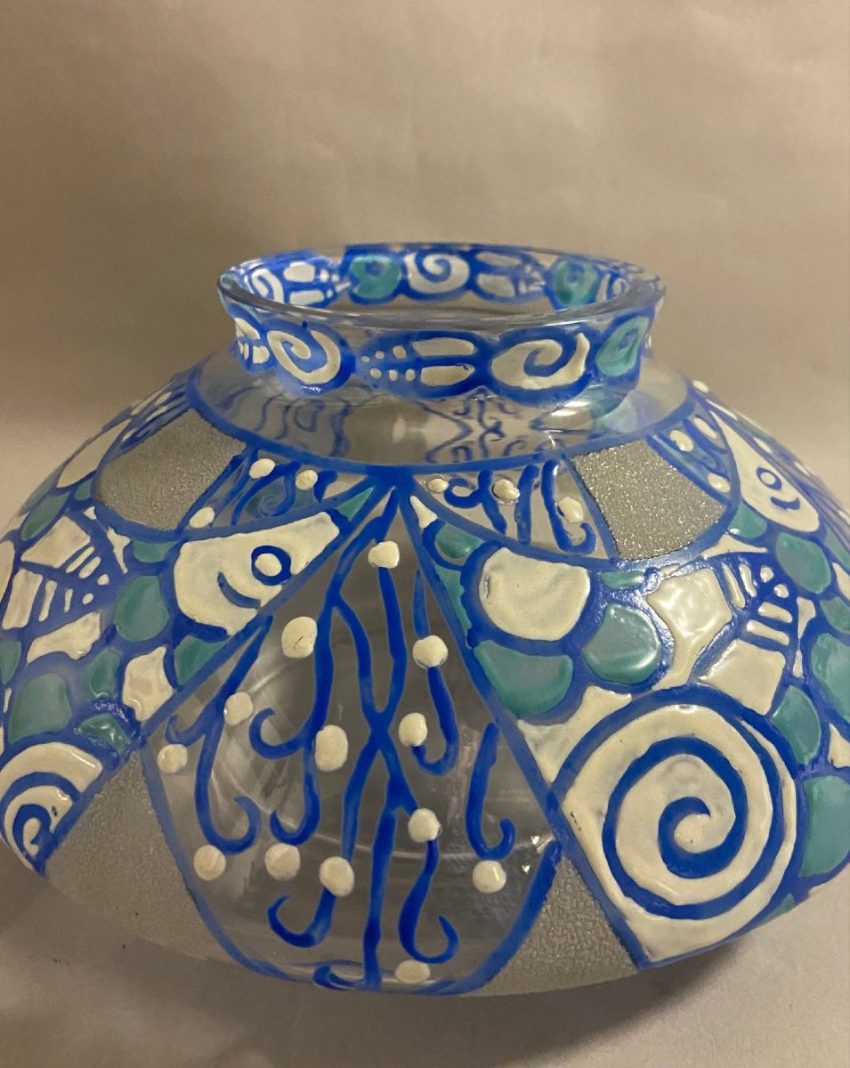 Mazoyer, Blue Enamelled Glass Vase, Art Deco-photo-1