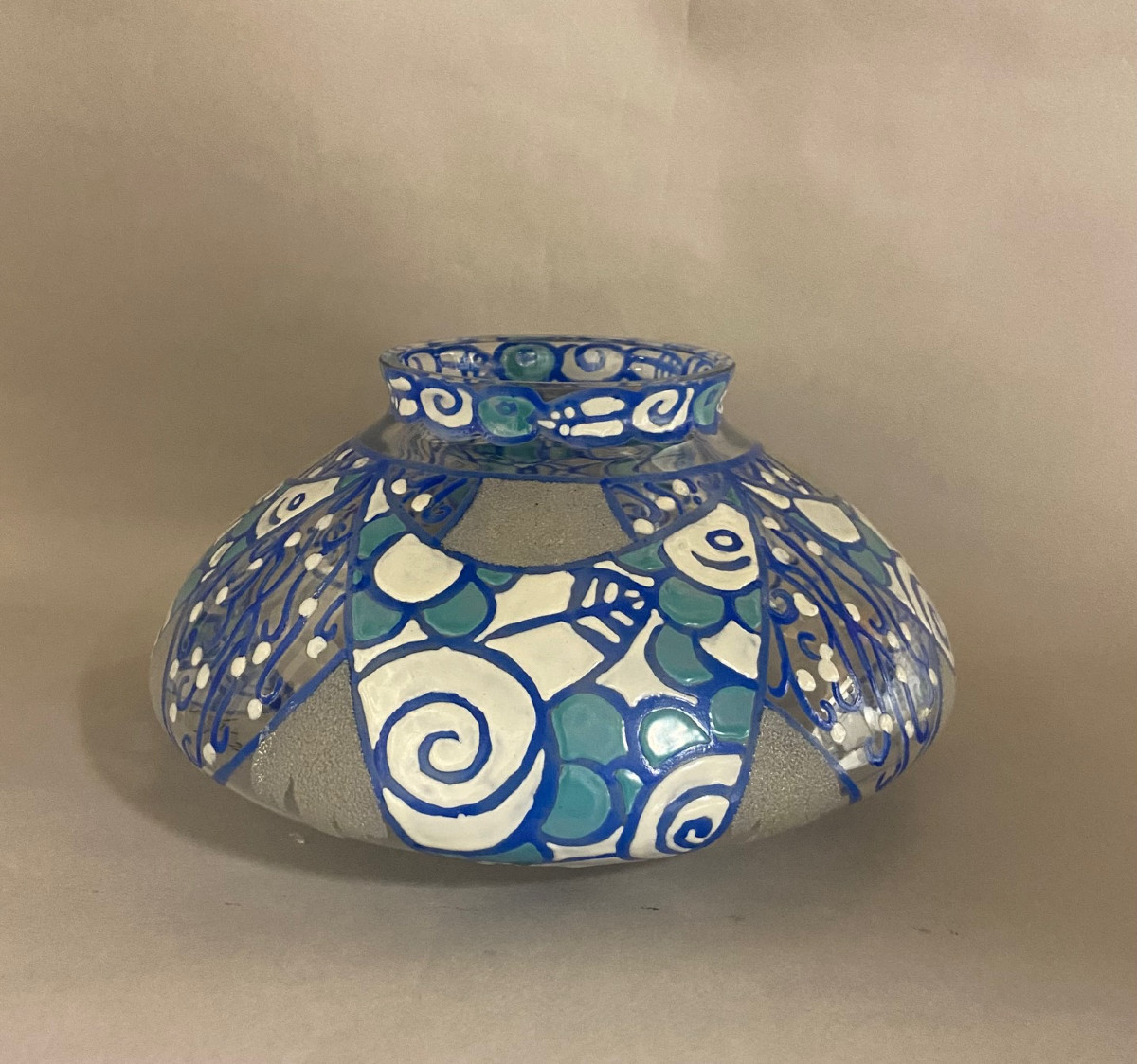Mazoyer, Blue Enamelled Glass Vase, Art Deco