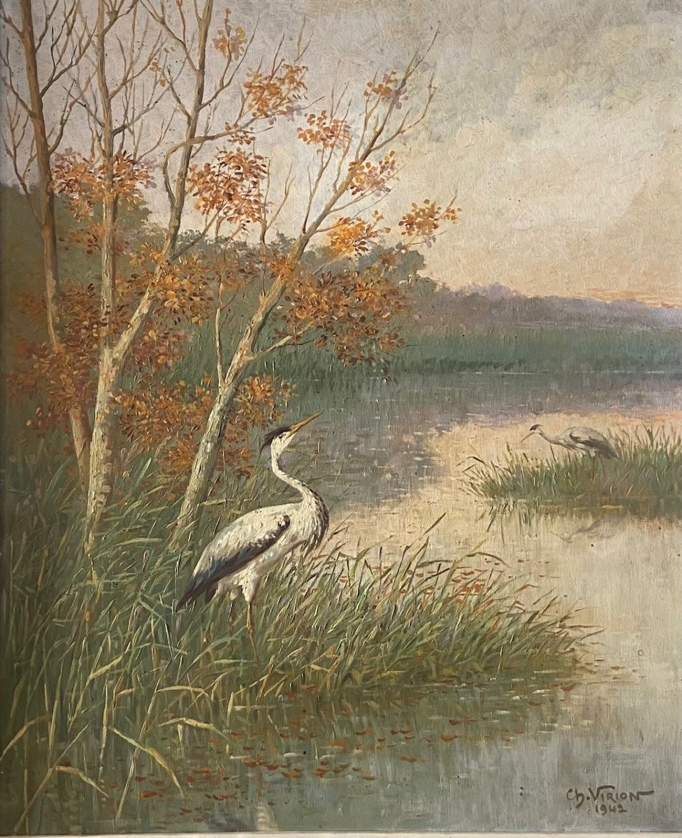 Charles Virion, Herons By The Pond, Oil On Panel-photo-2