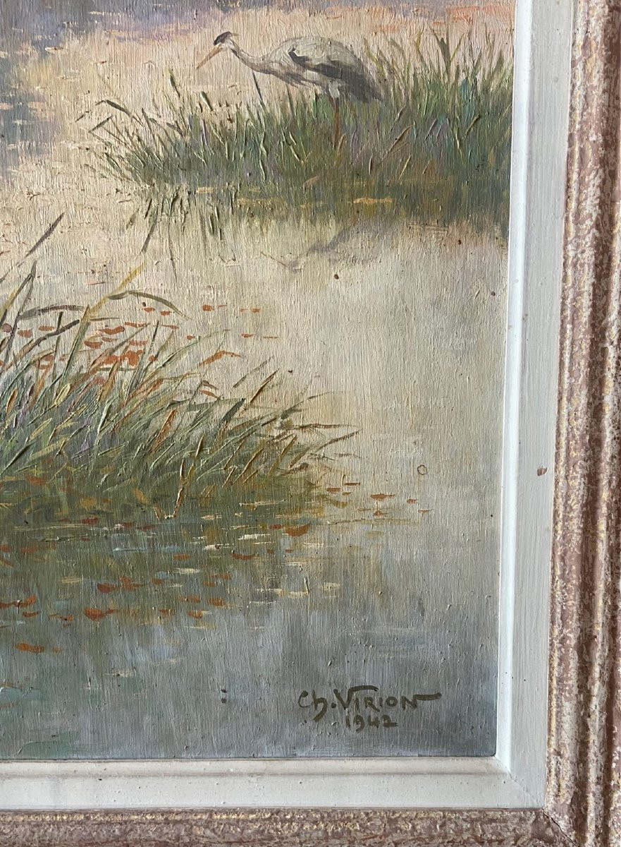 Charles Virion, Herons By The Pond, Oil On Panel-photo-3