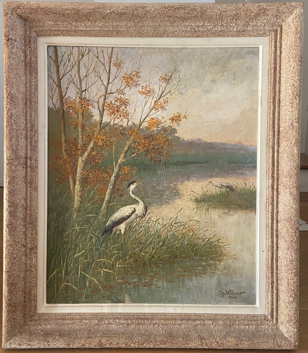 Charles Virion, Herons By The Pond, Oil On Panel