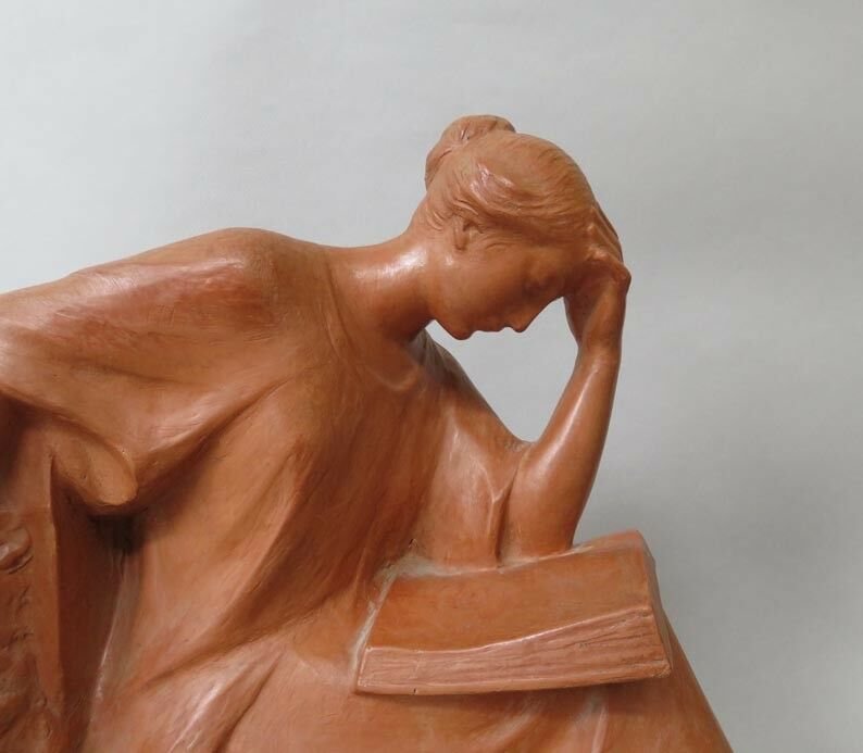 Pierre Curillont, Terracotta Sculpture, Woman Reading-photo-2