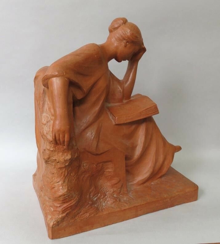 Pierre Curillont, Sculpture En Terre Cuite, Femme Lisant-photo-4