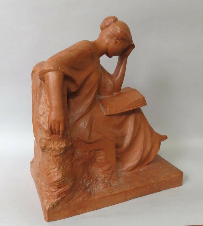 Pierre Curillont, Terracotta Sculpture, Woman Reading-photo-4