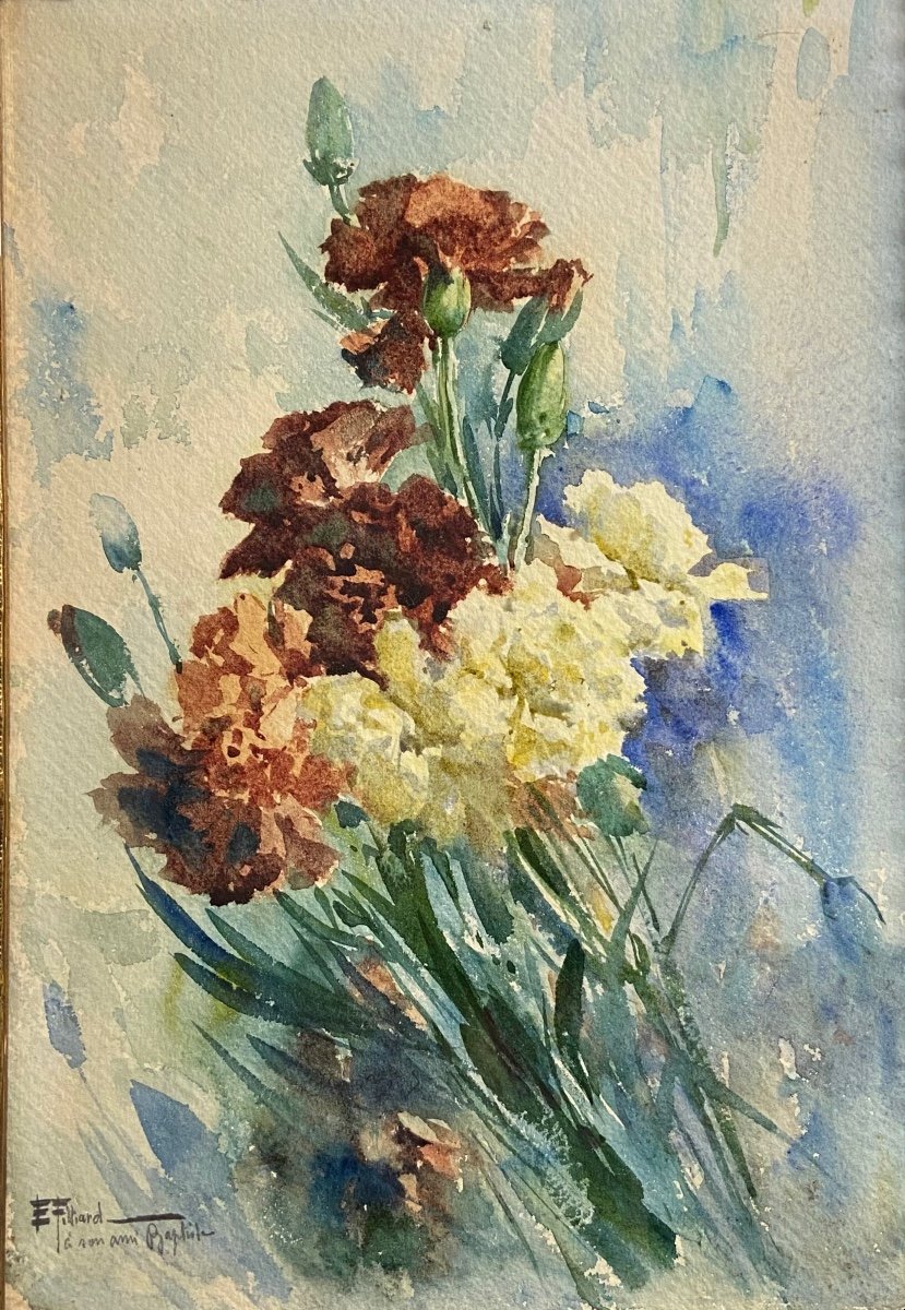 Ernest Filliard, The Bouquet Of Carnations, Watercolor-photo-2