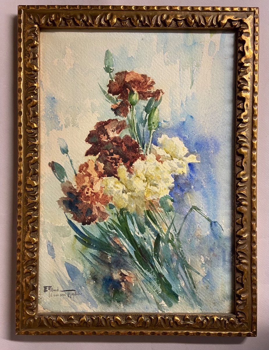 Ernest Filliard, The Bouquet Of Carnations, Watercolor-photo-3