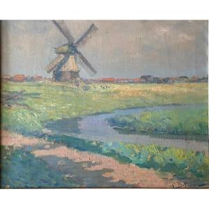 Gennaro Befani, Befanio, Paysage Au Moulin Au Printemps . Pays Bas ? Nord ?