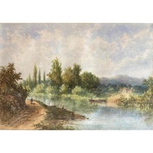 The Banks Of The Seine In Croissy Near Chatou. Watercolor Signed Georges 1889. Animated Scene
