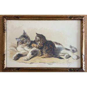Ferdinand Oger, The Cat And Her Kitten, Superb Watercolor