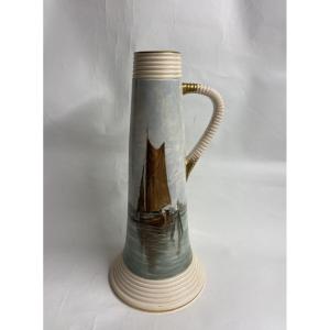 Sarreguemines, Rare Barbotine Decor Pitcher, The Venice Lagoon