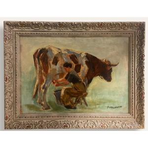 Raimond Lecourt, la traite, le veau au champ. Tableau double faces, Normandie