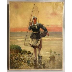 Pierre Testu, la pêcheuse de crevettes, Coôte d'Opale. Wissant ? Berck ?