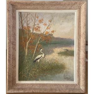 Charles Virion, Herons By The Pond, Oil On Panel