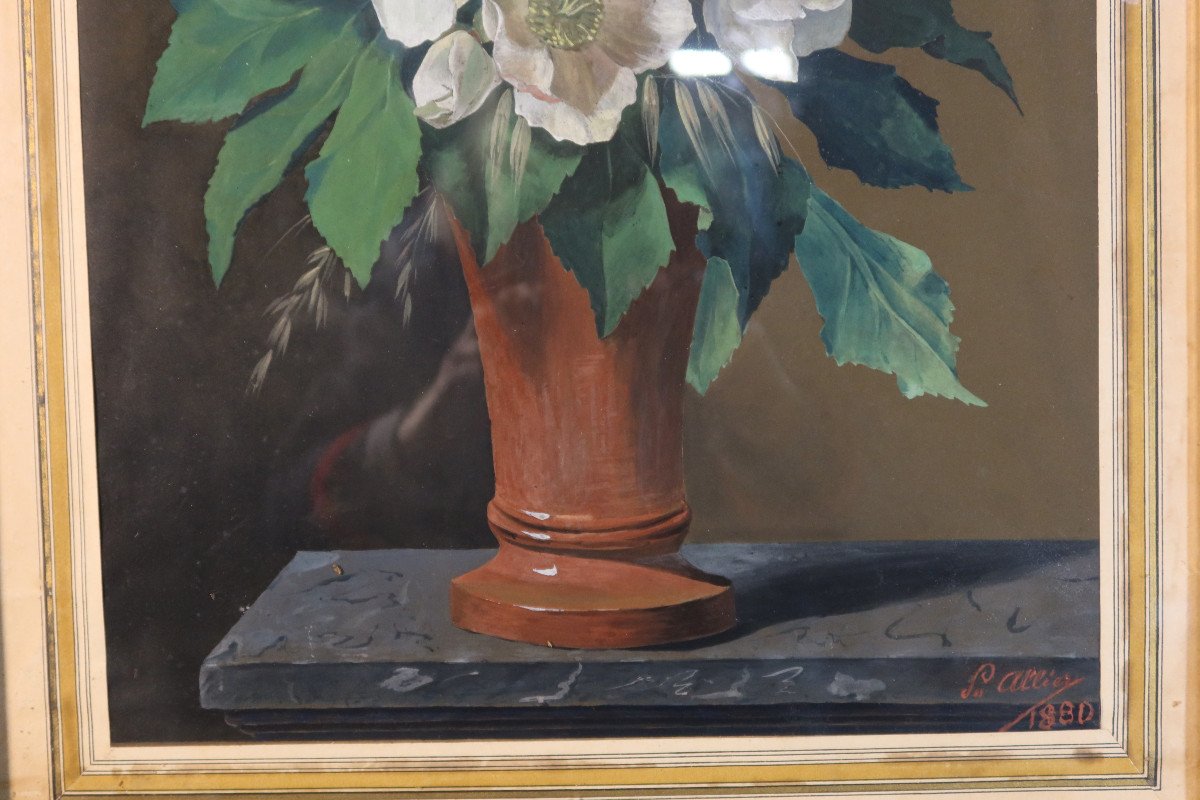 Tableau "bouquet d'Hellébores" Signé Et Daté-photo-1
