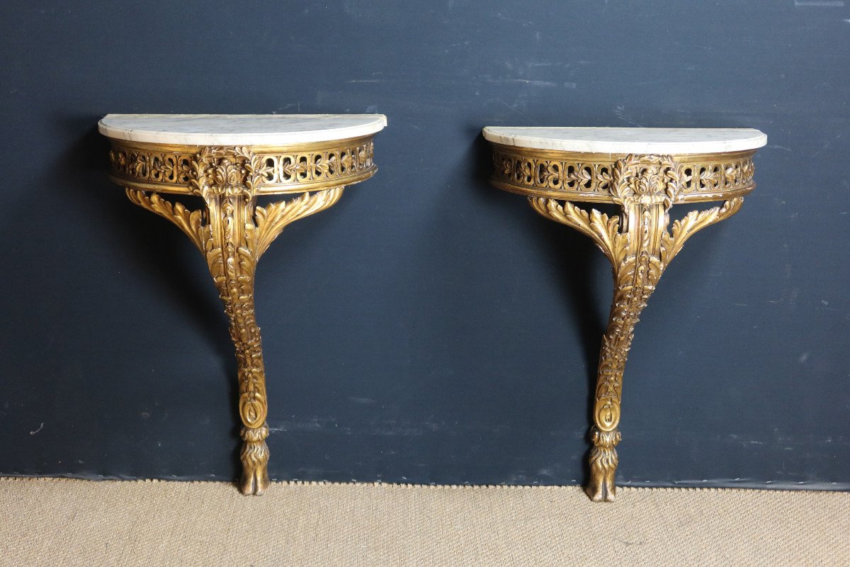 Pair Of Wall Consoles In Golden Wood Forming Planters XIX